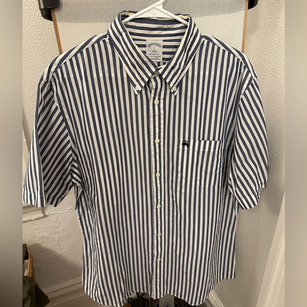 Brooks Brothers Short Sleeve Shirt, Blue/White Bengal Stripe, size Large